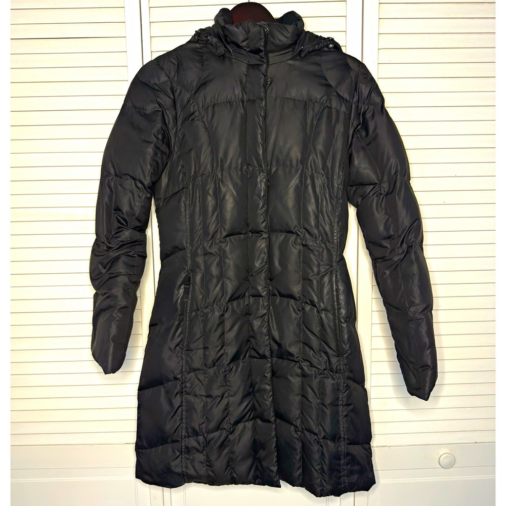 Eddie Bauer Women's S Black Long Down Puffer Parka Hooded Faux Fur Winter Coat